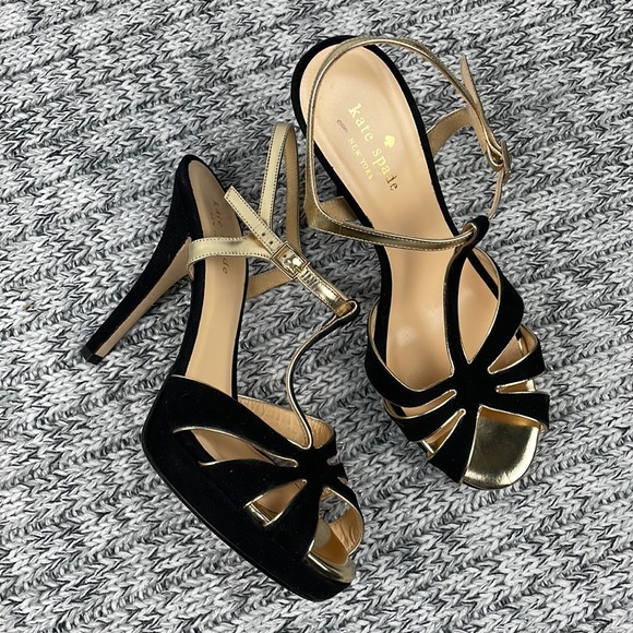 KATE SPADE ♠️ Black Gold Rosie Sandals Heels 8 - Picture 2 of 16